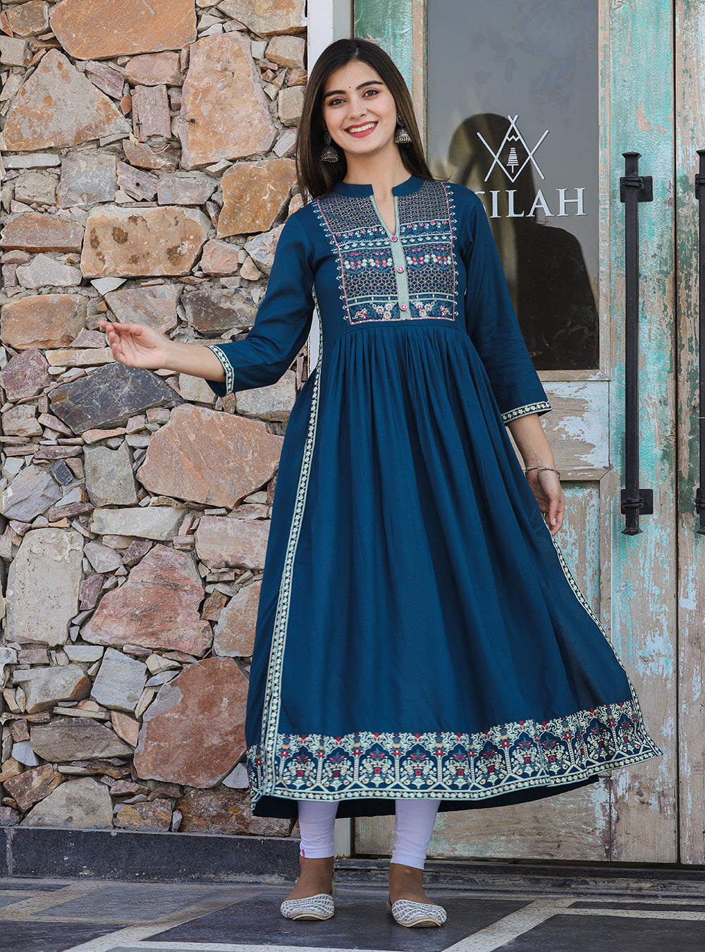 Kaajh Women's Rayon Printed Teal Side Slit Long Ethnic Dress - Distacart
