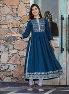 Kaajh Women's Rayon Printed Teal Side Slit Long Ethnic Dress - Distacart