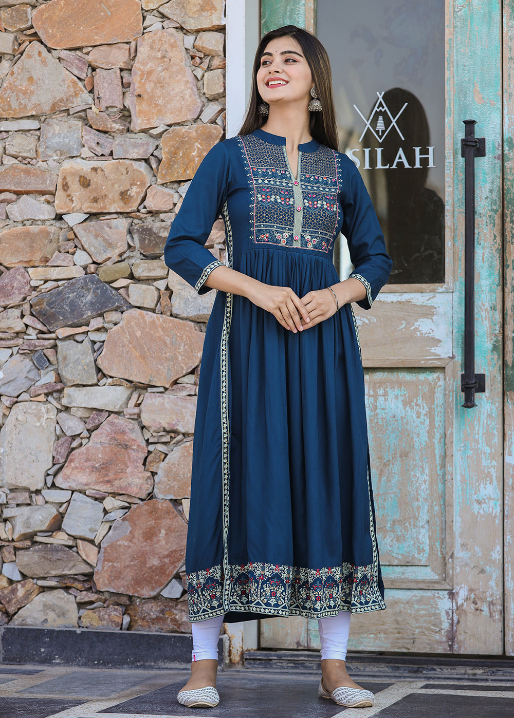 Kaajh Women's Rayon Printed Teal Side Slit Long Ethnic Dress - Distacart