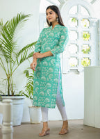 Kaajh Woman's Pastel Green Floral Print Cotton Casual Kurta - Distacart