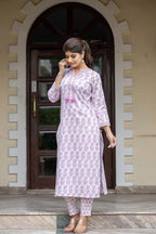 Kaajh Women's White Purple Ethnic Printed Cotton Kurta Pant Set - Distacart