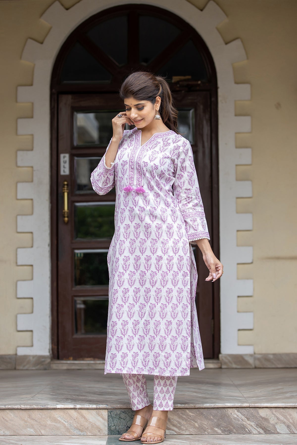 Kaajh Women's White Purple Ethnic Printed Cotton Kurta Pant Set - Distacart