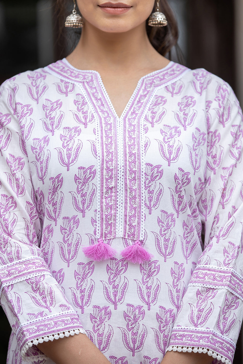 Kaajh Women's White Purple Ethnic Printed Cotton Kurta Pant Set - Distacart