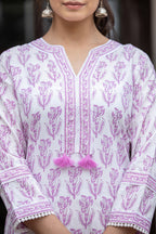 Kaajh Women's White Purple Ethnic Printed Cotton Kurta Pant Set - Distacart