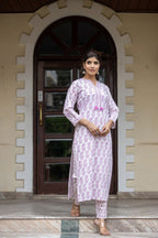Kaajh Women's White Purple Ethnic Printed Cotton Kurta Pant Set - Distacart
