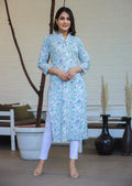 Kaajh Woman's Sky Blue Floral Print Cotton Casual Kurta - Distacart