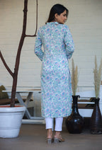 Kaajh Woman's Sky Blue Floral Print Cotton Casual Kurta - Distacart