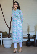 Kaajh Woman's Sky Blue Floral Print Cotton Casual Kurta - Distacart
