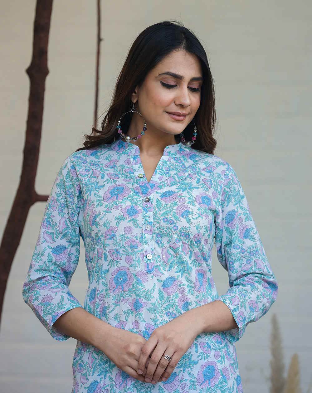 Kaajh Woman's Sky Blue Floral Print Cotton Casual Kurta - Distacart