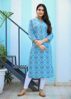 Kaajh Woman's Sky Blue Ethnic Print Casual Kurta - Distacart
