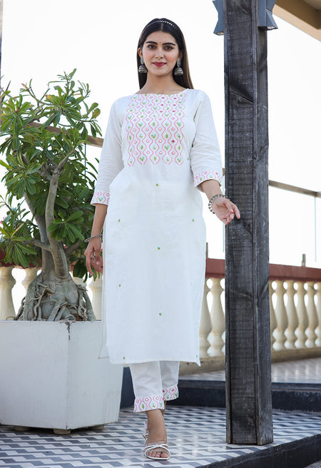 Kaajh Women's White Embroidered Cotton Kurta Pant Set