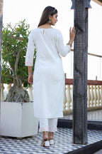 Kaajh Women's White Embroidered Cotton Kurta Pant Set - Distacart
