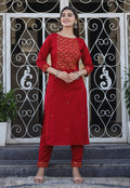 Kaajh Women's Maroon Embroidered Cotton Kurta Pant Set - Distacart
