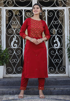 Kaajh Women's Maroon Embroidered Cotton Kurta Pant Set - Distacart
