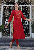 Kaajh Women's Maroon Embroidered Cotton Kurta Pant Set - Distacart