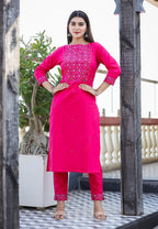 Kaajh Women's Pink Embroidered Cotton Kurta Pant Set - Distacart