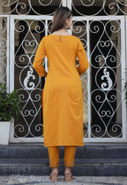 Kaajh Women's Yellow Embroidered Cotton Kurta Pant Set - Distacart