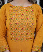 Kaajh Women's Yellow Embroidered Cotton Kurta Pant Set - Distacart