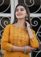 Kaajh Women's Yellow Embroidered Cotton Kurta Pant Set - Distacart