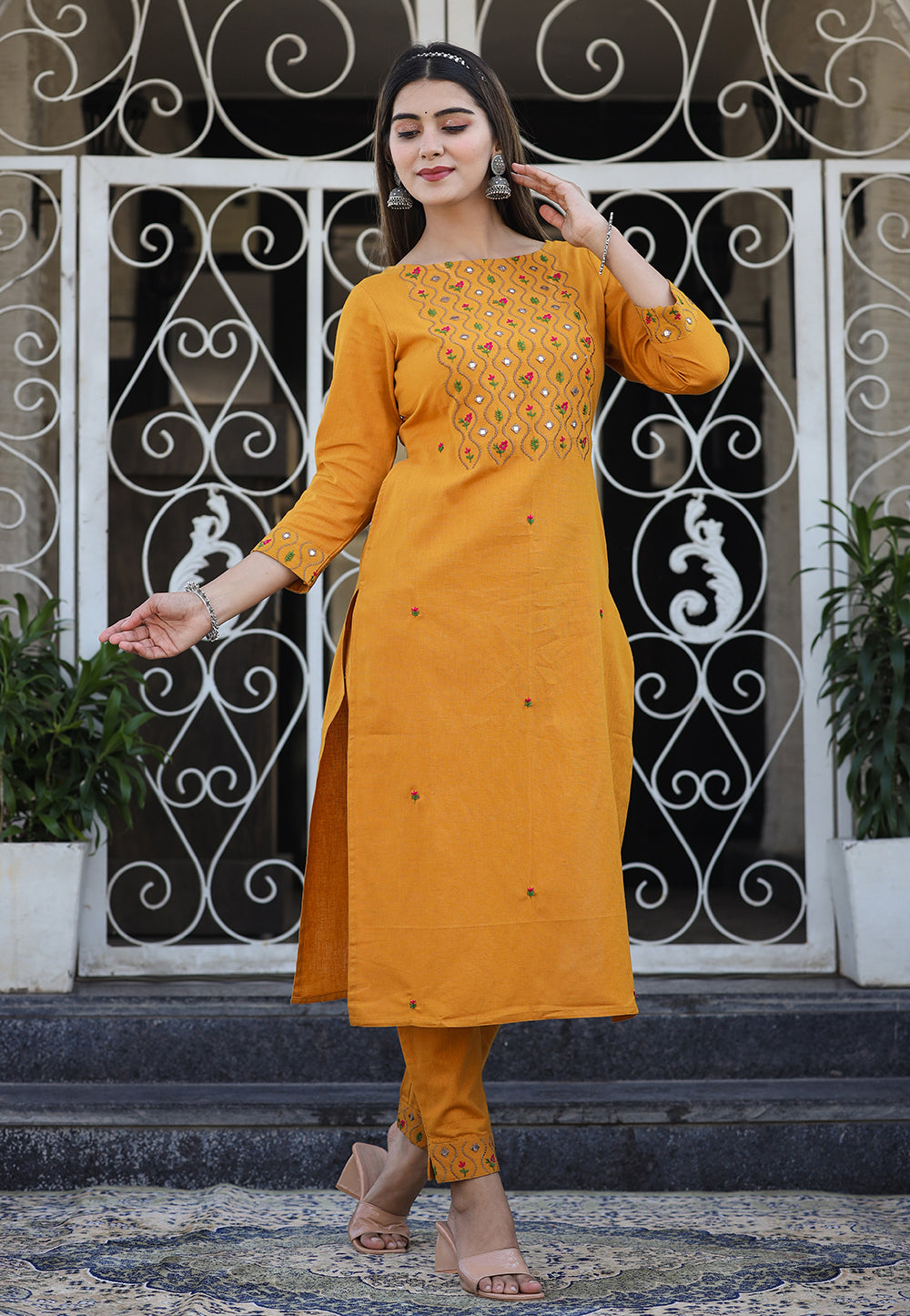 Kaajh Women's Yellow Embroidered Cotton Kurta Pant Set - Distacart