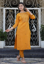 Kaajh Women's Yellow Embroidered Cotton Kurta Pant Set - Distacart