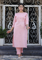 Kaajh Women's Peach Embroidered Cotton Kurta Pant Set - Distacart
