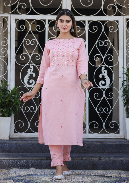 Kaajh Women's Peach Embroidered Cotton Kurta Pant Set