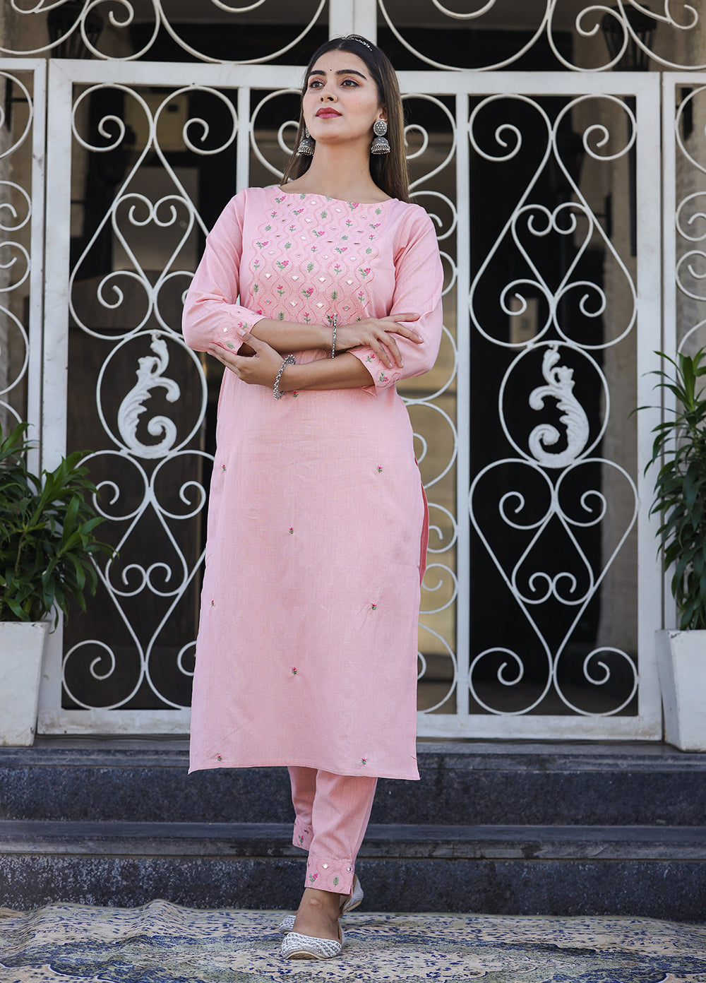 Kaajh Women's Peach Embroidered Cotton Kurta Pant Set - Distacart