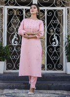 Kaajh Women's Peach Embroidered Cotton Kurta Pant Set - Distacart