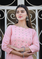 Kaajh Women's Peach Embroidered Cotton Kurta Pant Set - Distacart