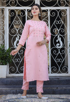 Kaajh Women's Peach Embroidered Cotton Kurta Pant Set - Distacart