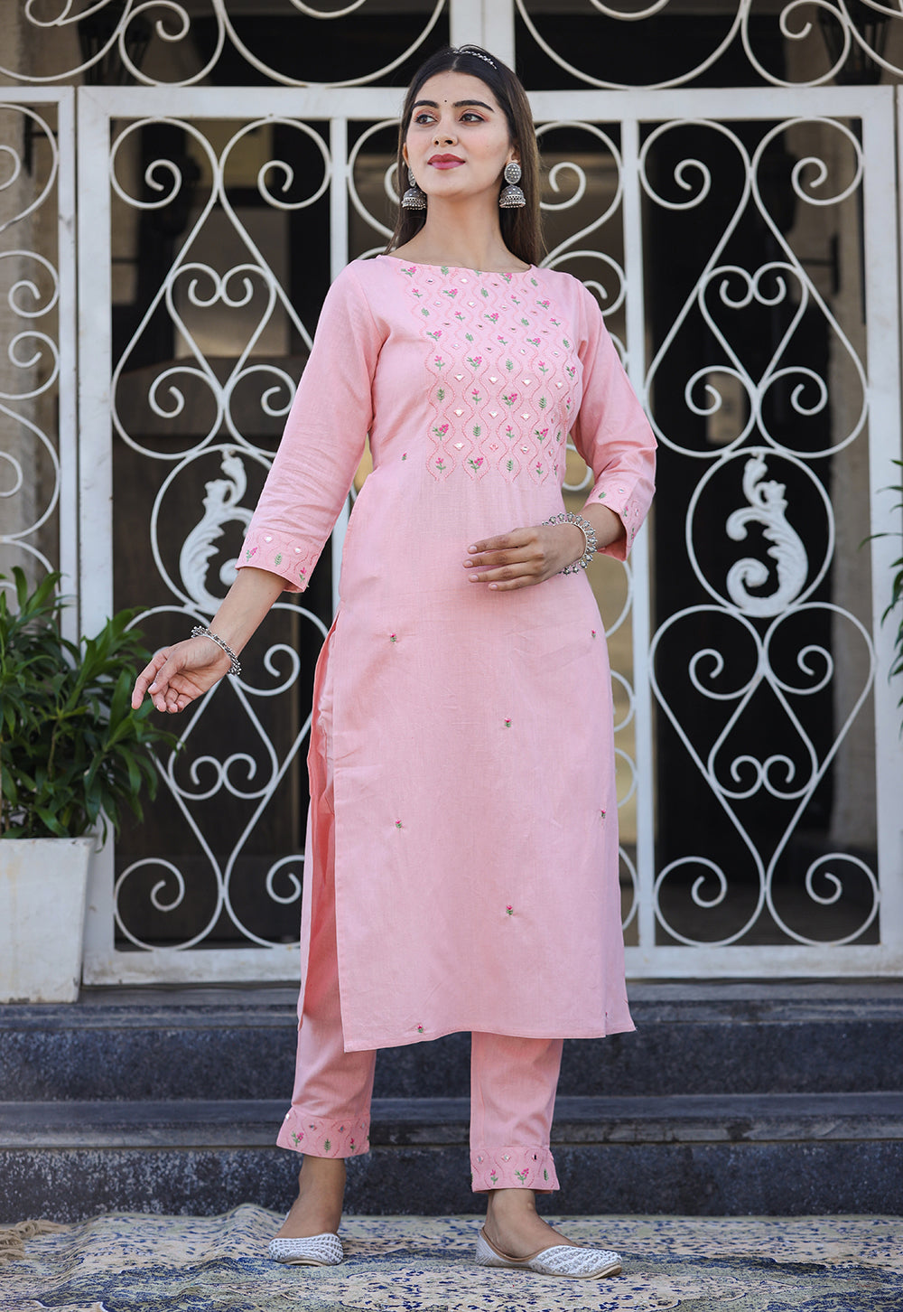 Kaajh Women's Peach Embroidered Cotton Kurta Pant Set - Distacart