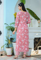Kaajh Woman's Pink Floral Print Cotton Kurta Pant With Dupatta Set - Distacart