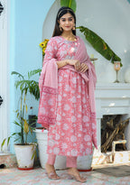 Kaajh Woman's Pink Floral Print Cotton Kurta Pant With Dupatta Set - Distacart