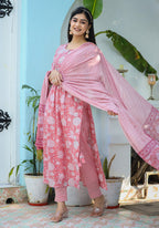 Kaajh Woman's Pink Floral Print Cotton Kurta Pant With Dupatta Set - Distacart