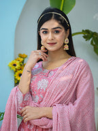 Kaajh Woman's Pink Floral Print Cotton Kurta Pant With Dupatta Set - Distacart