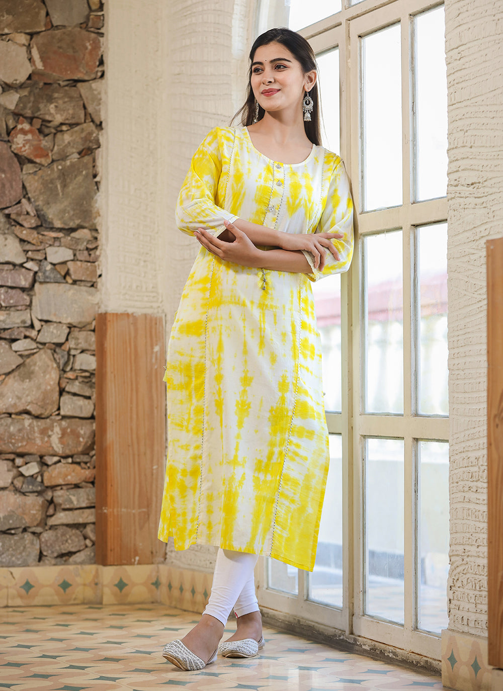 Kaajh Women's Yellow Shibori Tie Dye Cotton Casual Kurta - Distacart