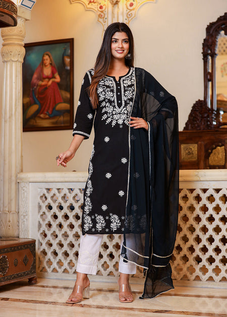 Kaajh Women's Black Lucknow Chikankari Kurta Set With Pant and Dupatta