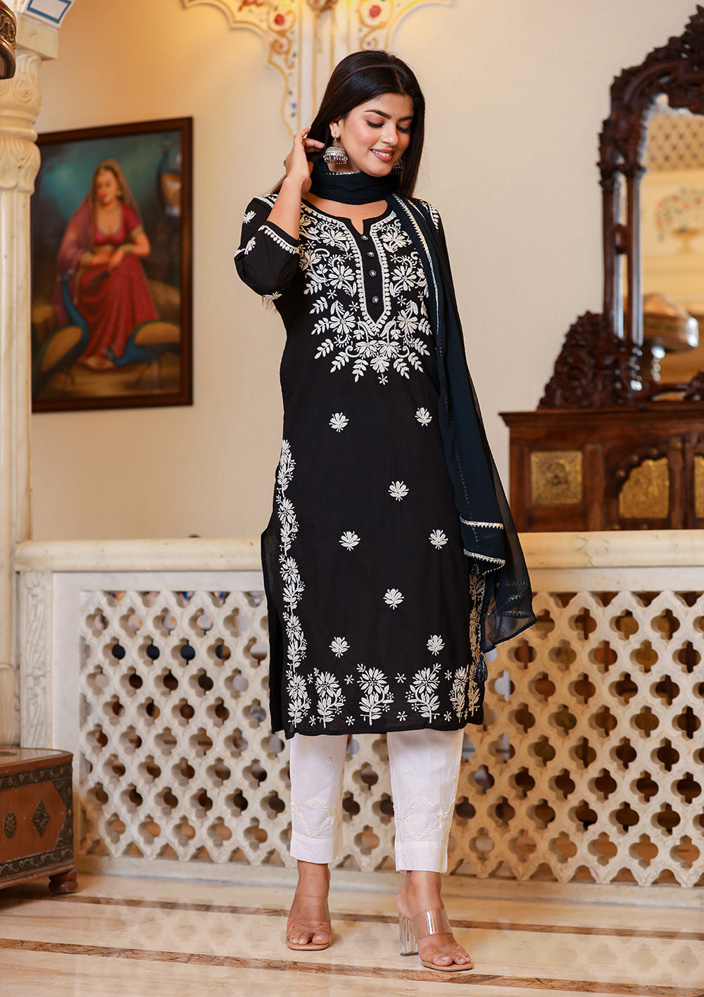 Kaajh Women's Black Lucknow Chikankari Kurta Set With Pant and Dupatta - Distacart