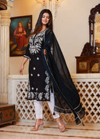 Kaajh Women's Black Lucknow Chikankari Kurta Set With Pant and Dupatta - Distacart