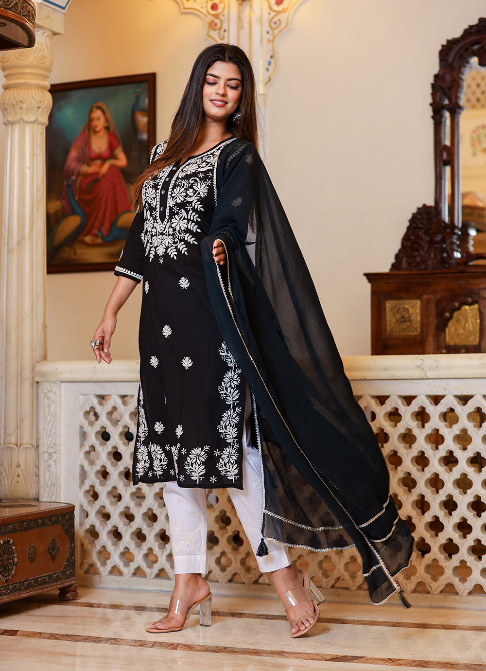 Kaajh Women's Black Lucknow Chikankari Kurta Set With Pant and Dupatta - Distacart