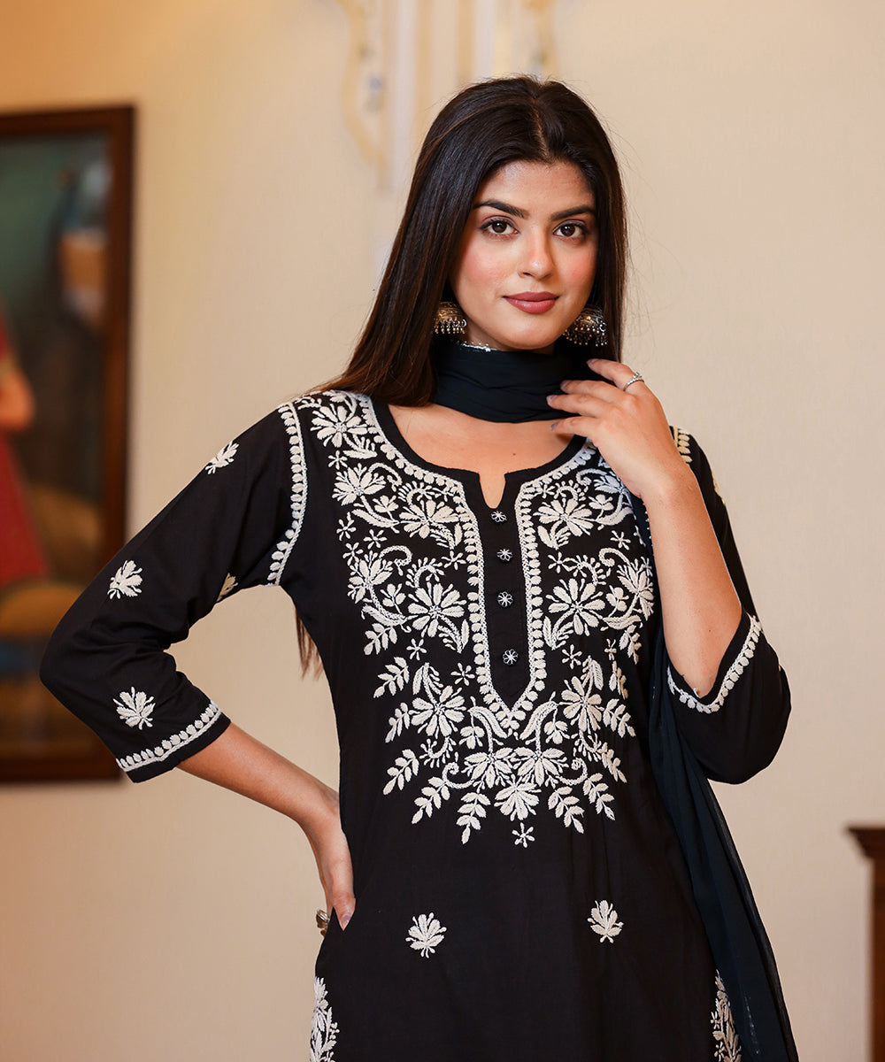 Kaajh Women's Black Lucknow Chikankari Kurta Set With Pant and Dupatta - Distacart