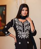 Kaajh Women's Black Lucknow Chikankari Kurta Set With Pant and Dupatta - Distacart