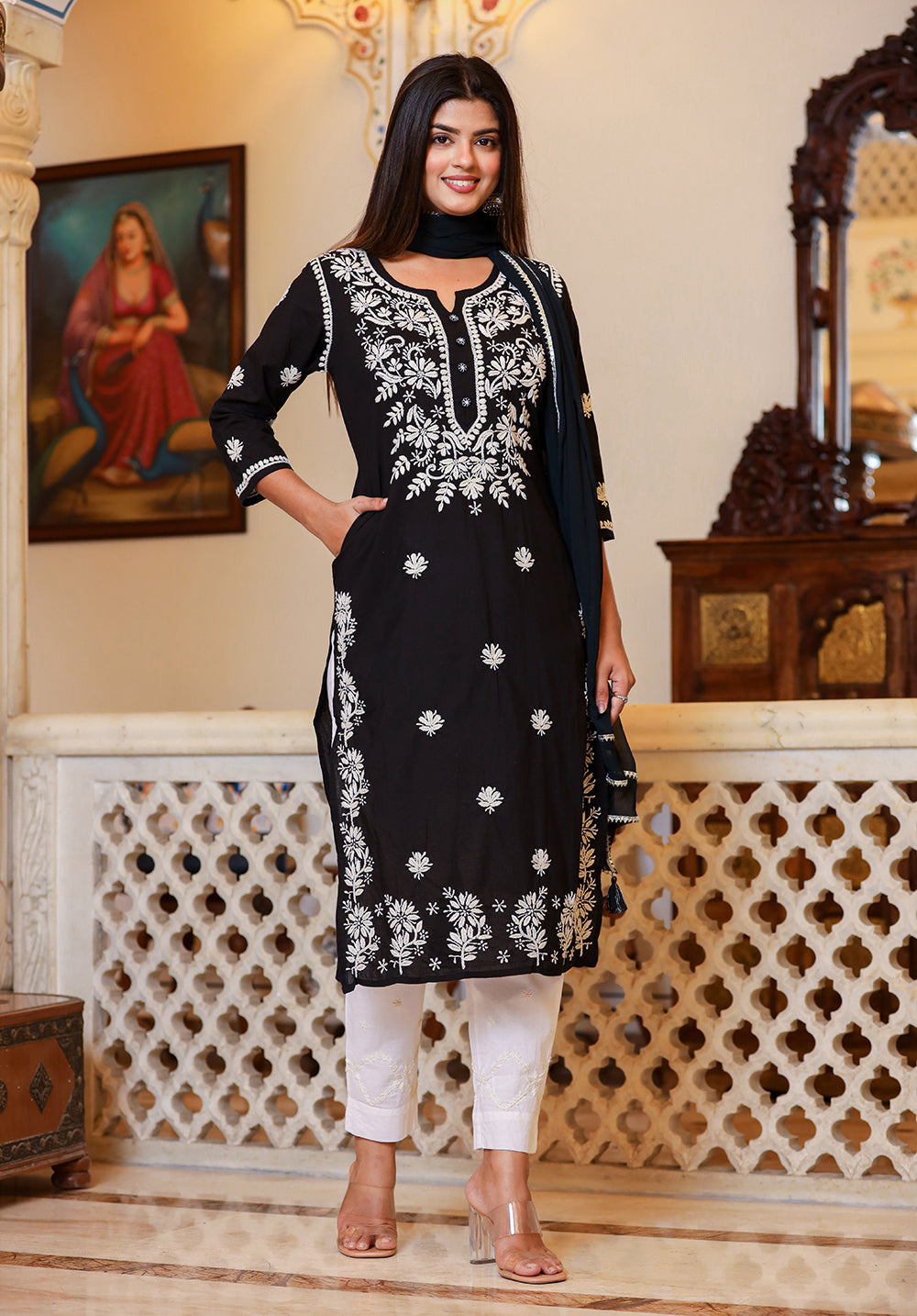 Kaajh Women's Black Lucknow Chikankari Kurta Set With Pant and Dupatta - Distacart