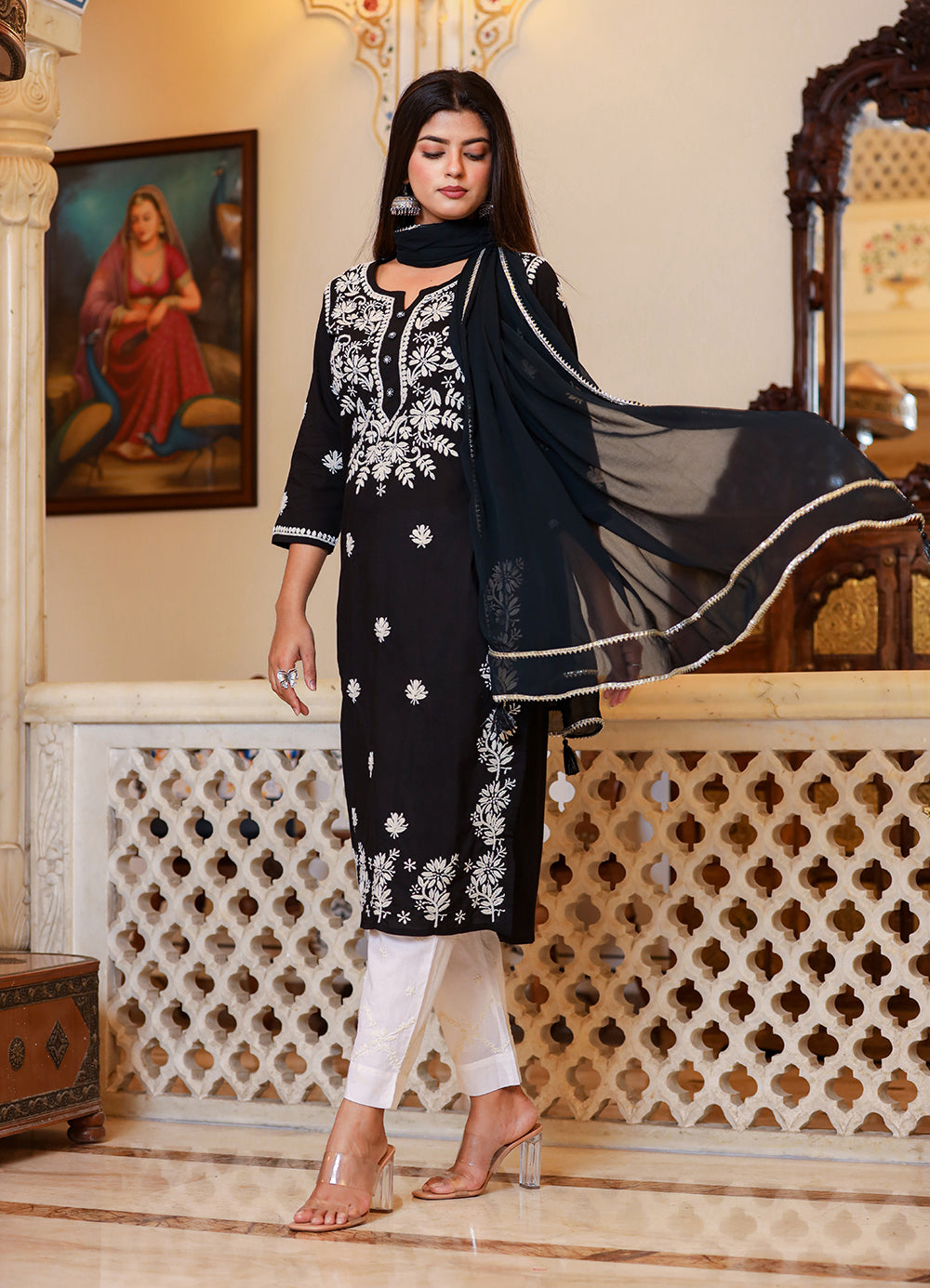 Kaajh Women's Black Lucknow Chikankari Kurta Set With Pant and Dupatta - Distacart