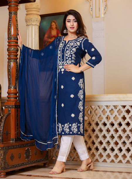 Kaajh Women's Navy Blue Lucknow Chikankari Kurta Set With Pant and Dupatta