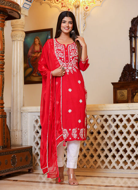 Kaajh Women's Red Lucknow Chikankari Kurta Set With Pant and Dupatta