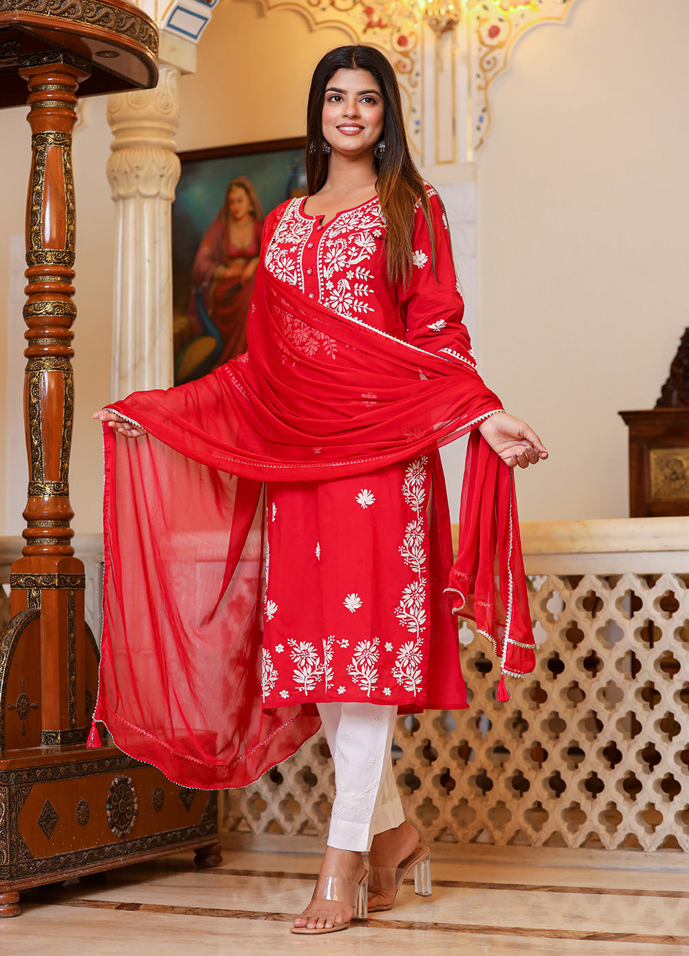 Kaajh Women's Red Lucknow Chikankari Kurta Set With Pant and Dupatta - Distacart