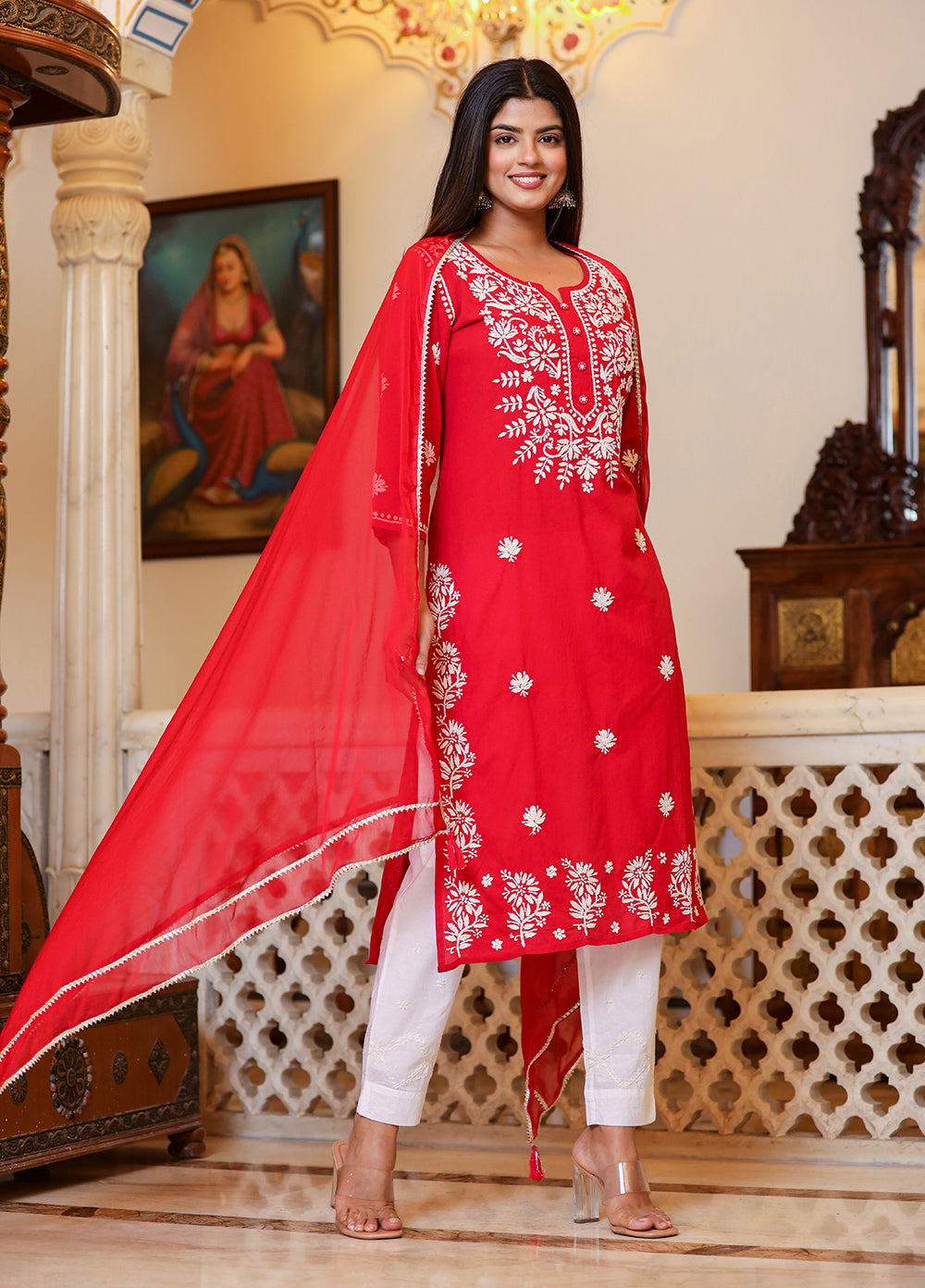 Kaajh Women's Red Lucknow Chikankari Kurta Set With Pant and Dupatta - Distacart
