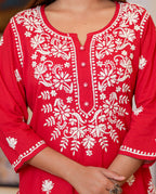 Kaajh Women's Red Lucknow Chikankari Kurta Set With Pant and Dupatta - Distacart